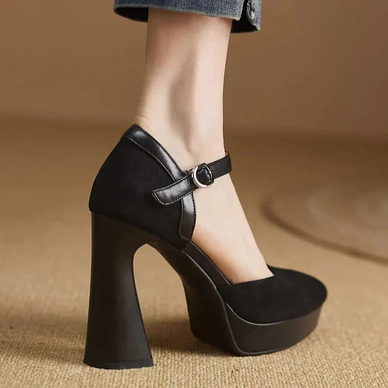 Brown Celeste Mary Jane heels by THE WHITMORE FAMILY featuring a stylish sandal design and elegant strap details.