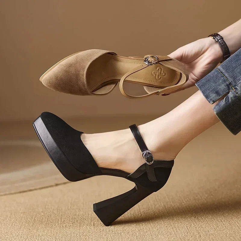 Brown Celeste Mary Jane heels by THE WHITMORE FAMILY featuring a sleek sandal design and elegant straps.