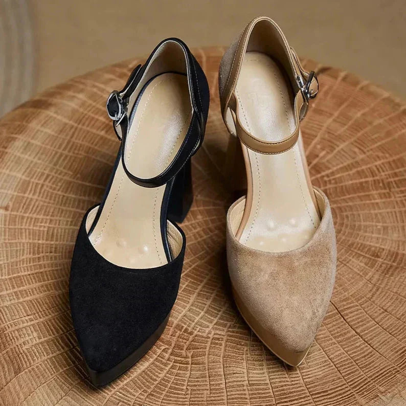 Brown Celeste Mary Jane heels by THE WHITMORE FAMILY, elegant sandal with a classic strap and stylish design.