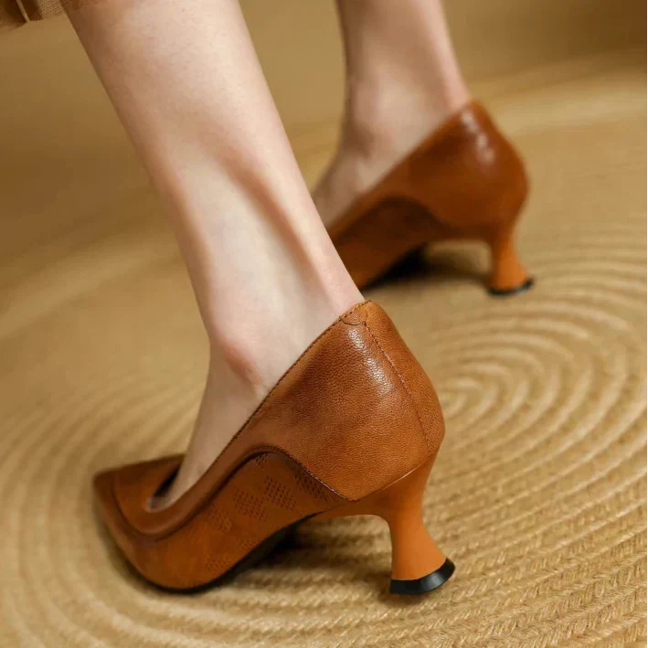 Brown Fiona elegant pumps by THE WHITMORE FAMILY, stylish sandal with a sleek design and comfortable heel for dressy occasions.