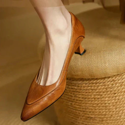 Brown Fiona elegant pumps by THE WHITMORE FAMILY featuring a stylish sandal design with a sleek, polished finish.
