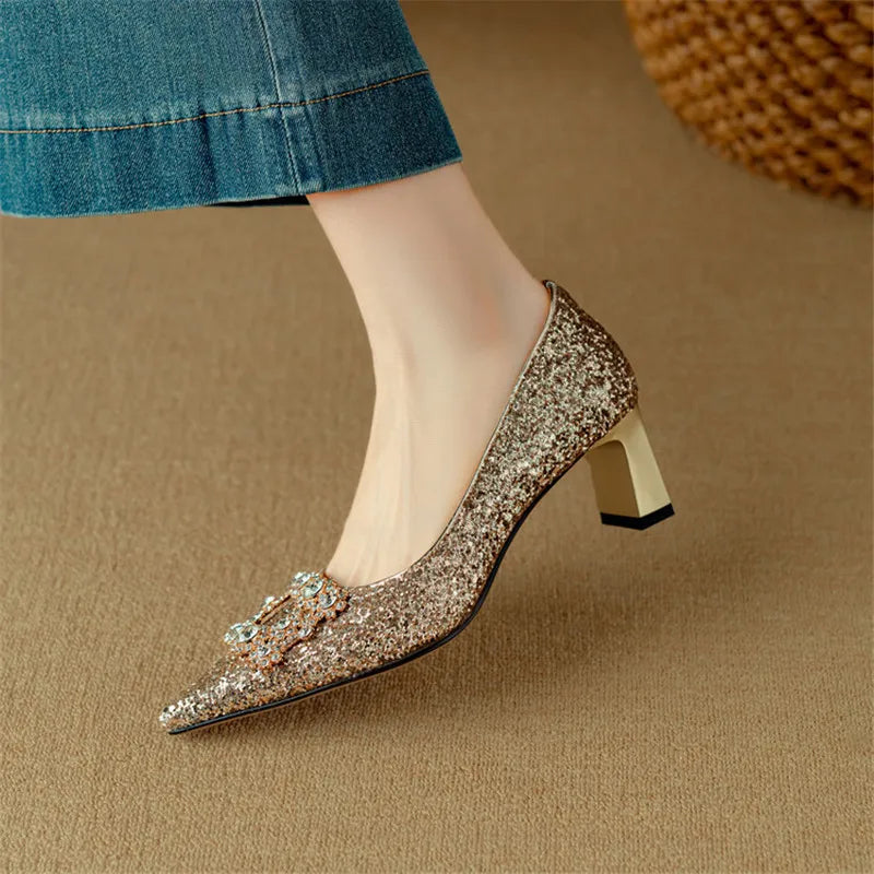 Gold glitter Gloria sandals by THE WHITMORE FAMILY featuring stylish pump design and a comfortable heel.