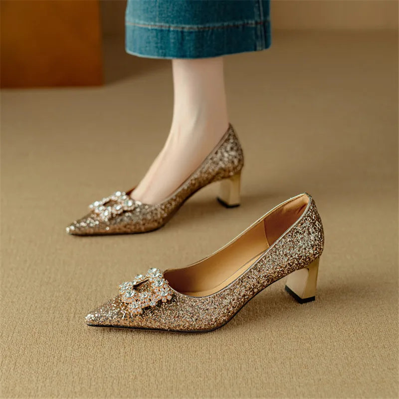 Gold glitter Gloria sandals by THE WHITMORE FAMILY featuring open-toe design and stylish pump silhouette.