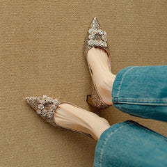 Gold glitter Gloria sandals by THE WHITMORE FAMILY featuring open-toe design and chunky heel, perfect for stylish summer wear.