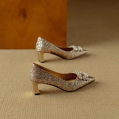 Gold glitter Gloria sandals by THE WHITMORE FAMILY featuring stylish pump design with a closed toe and elegant heel.