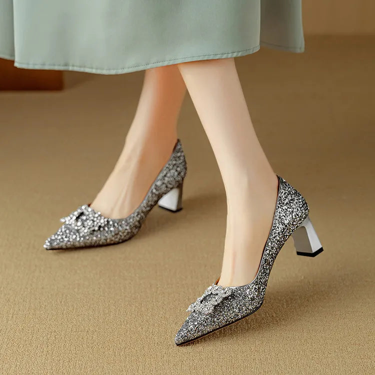 Gold glitter pumps from THE WHITMORE FAMILY's Gloria collection, stylish sandal with a sparkling finish and elegant design.