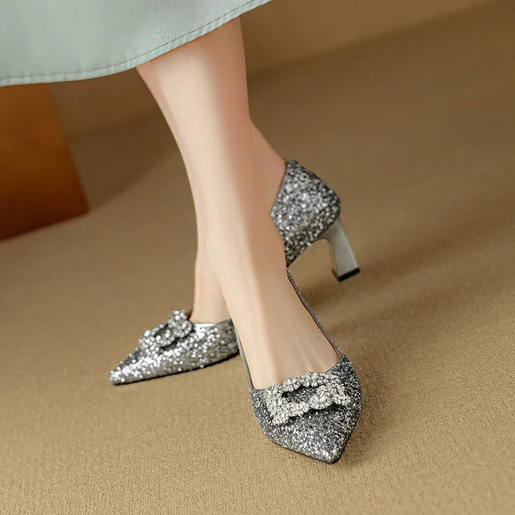 Gold glitter Gloria sandal pumps by THE WHITMORE FAMILY with stylish open-toe design and block heel.