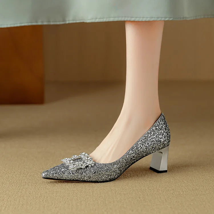 Gold glitter pumps from THE WHITMORE FAMILY's Gloria sandal collection featuring a stylish, open-toe design and block heel.