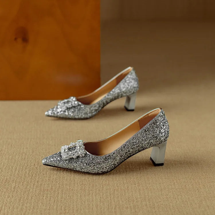 Gold glitter pumps from THE WHITMORE FAMILY, Gloria sandal with a stylish open-toe design and elegant heel.