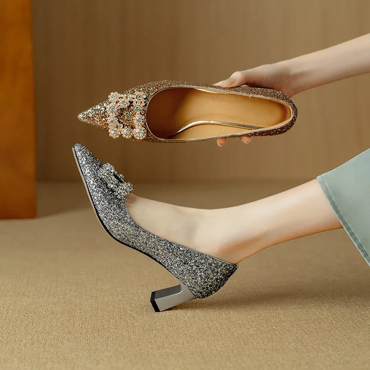 Gold glitter pumps by THE WHITMORE FAMILY featuring a stylish sandal design with a sleek heel and open toe.