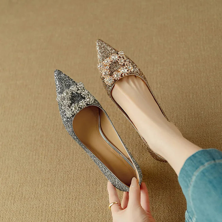 Gold glitter sandal with block heel and open toe from THE WHITMORE FAMILY's Gloria Glitter Pumps collection.