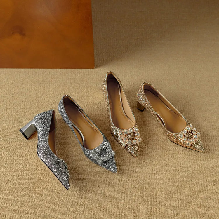 Gold glitter Gloria pumps by THE WHITMORE FAMILY featuring stylish sandal design and elegant heel, perfect for special occasions.