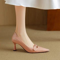 Pink leather sandal from THE WHITMORE FAMILY, Elayna Elegant Leather Pumps with a sleek, stylish design and comfortable fit.