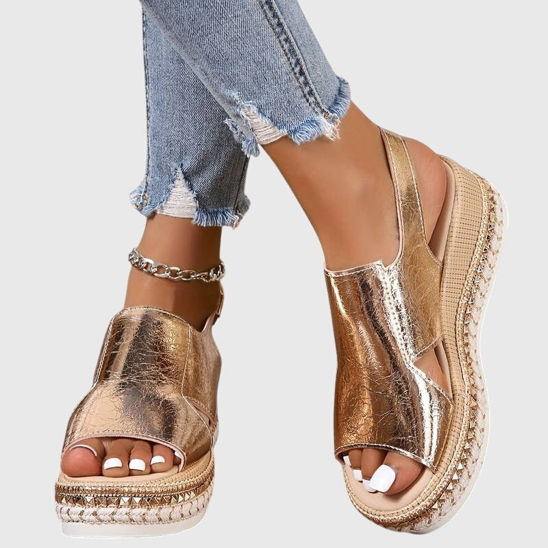 Gold Veronica™ orthopedic sandals by THE WHITMORE FAMILY, featuring supportive design and open-toe style for comfortable wear.