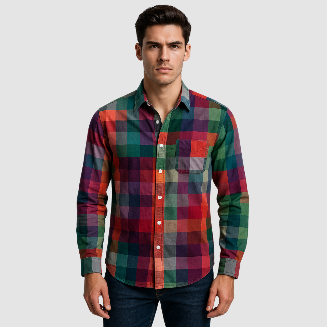 Leonard™ Classic Colorblock Shirt by THE WHITMORE FAMILY, featuring a vibrant colorblock design in Sierra Sunset hues.