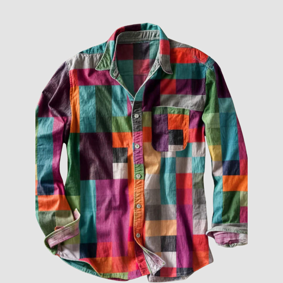Leonard™ Classic Colorblock Shirt by THE WHITMORE FAMILY in Sierra Sunset with bold colorblock design and button front.
