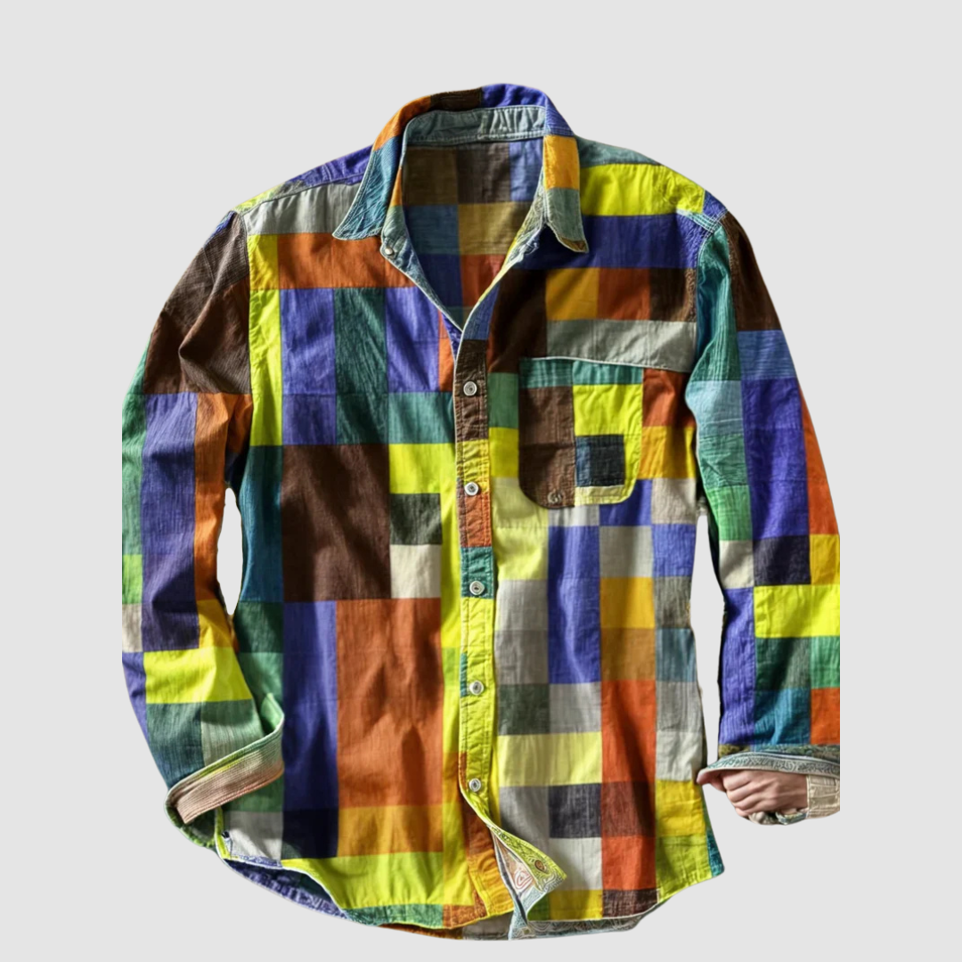 Leonard™ Classic Colorblock Shirt by THE WHITMORE FAMILY featuring a stylish Sierra Sunset design and colorblock pattern.