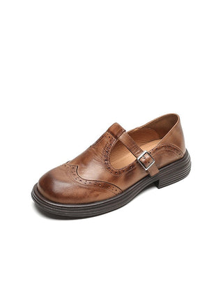 Brown Matea elegant Mary Janes shoes by THE WHITMORE FAMILY, featuring classic design and polished leather finish.