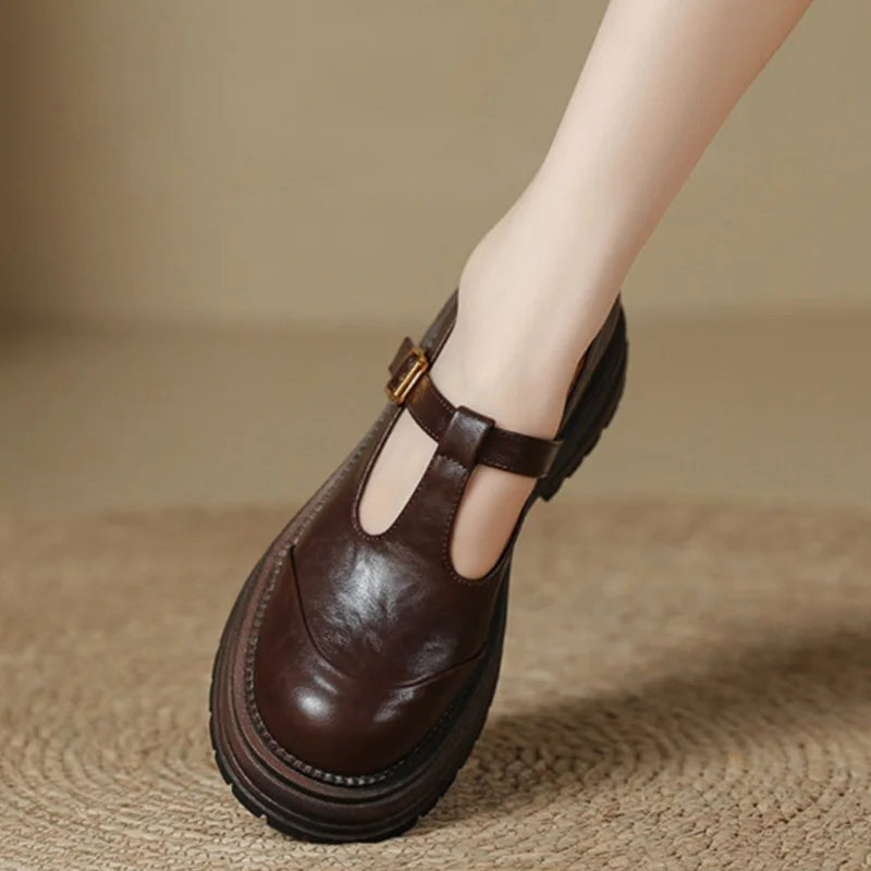 Brown Farisse T-bar Mary Jane shoes by THE WHITMORE FAMILY with classic design and comfortable straps for girls.