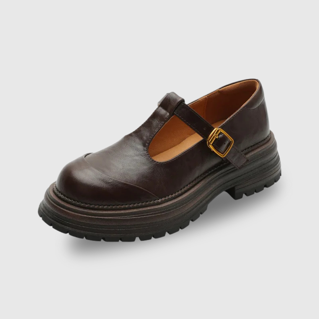 Brown Farisse T-bar Mary Janes by THE WHITMORE FAMILY, stylish shoes with classic T-strap design and comfortable fit.