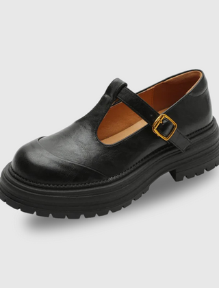 Brown Farisse T-bar Mary Jane shoes by THE WHITMORE FAMILY, featuring classic T-strap design and comfortable footwear style.
