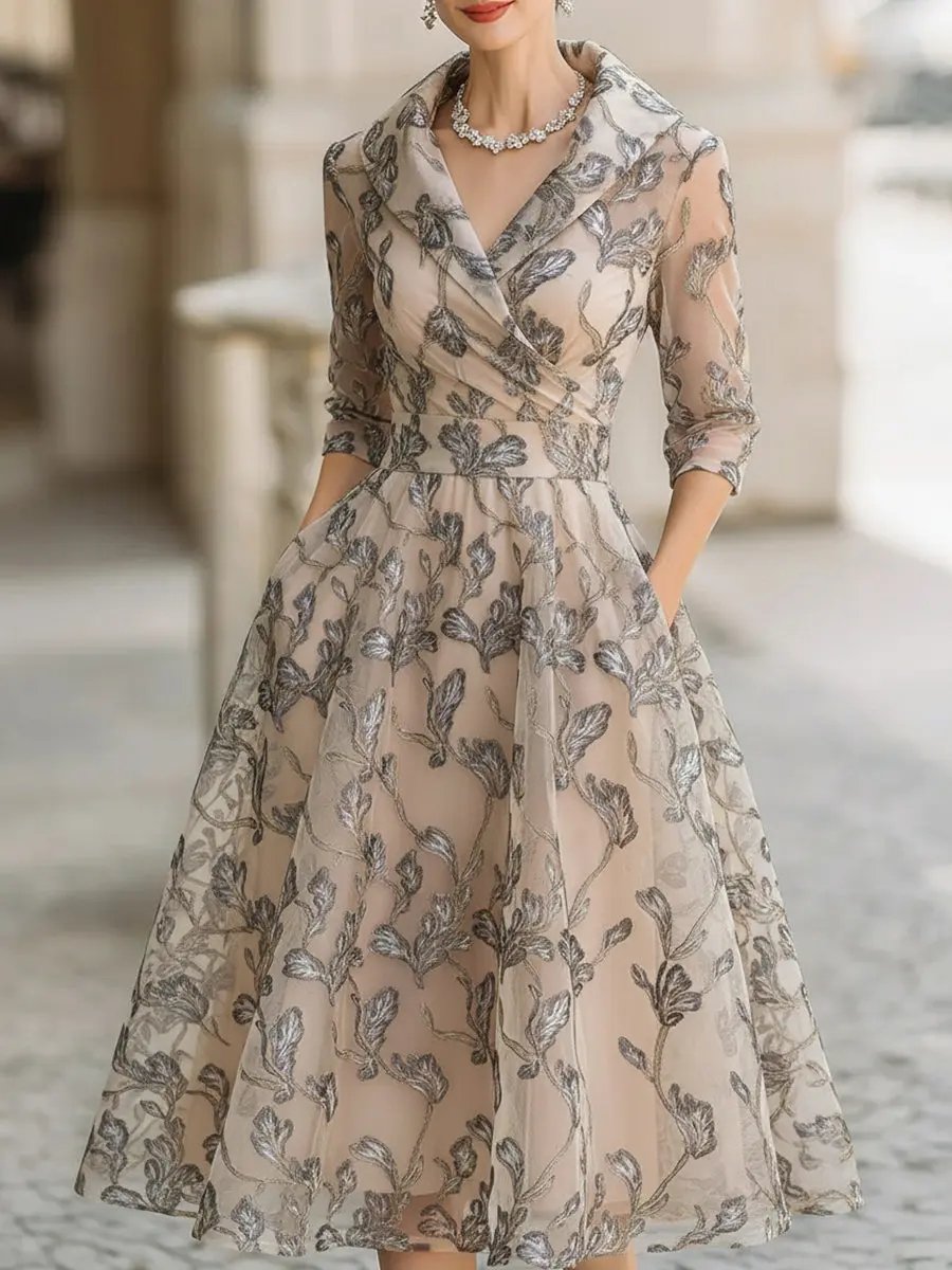 Marceline classic graceful short sleeve midi dress in apricot from THE WHITMORE FAMILY, styled for a sophisticated look.
