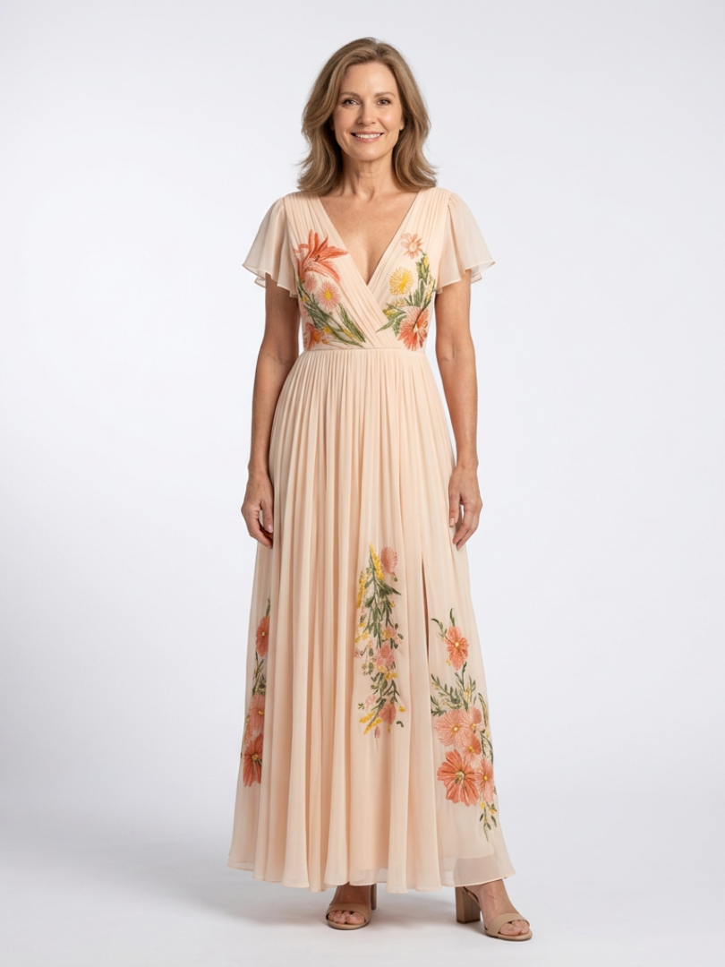 V-neck short sleeve pleated floral maxi dress by THE WHITMORE FAMILY featuring a flowing silhouette and vibrant floral pattern.