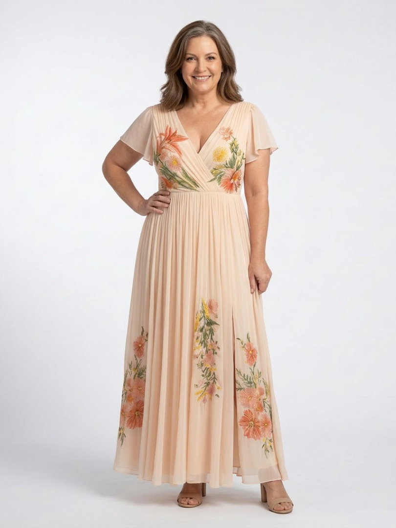 V-neck short sleeve floral maxi dress by THE WHITMORE FAMILY featuring pleated design and vibrant floral pattern.