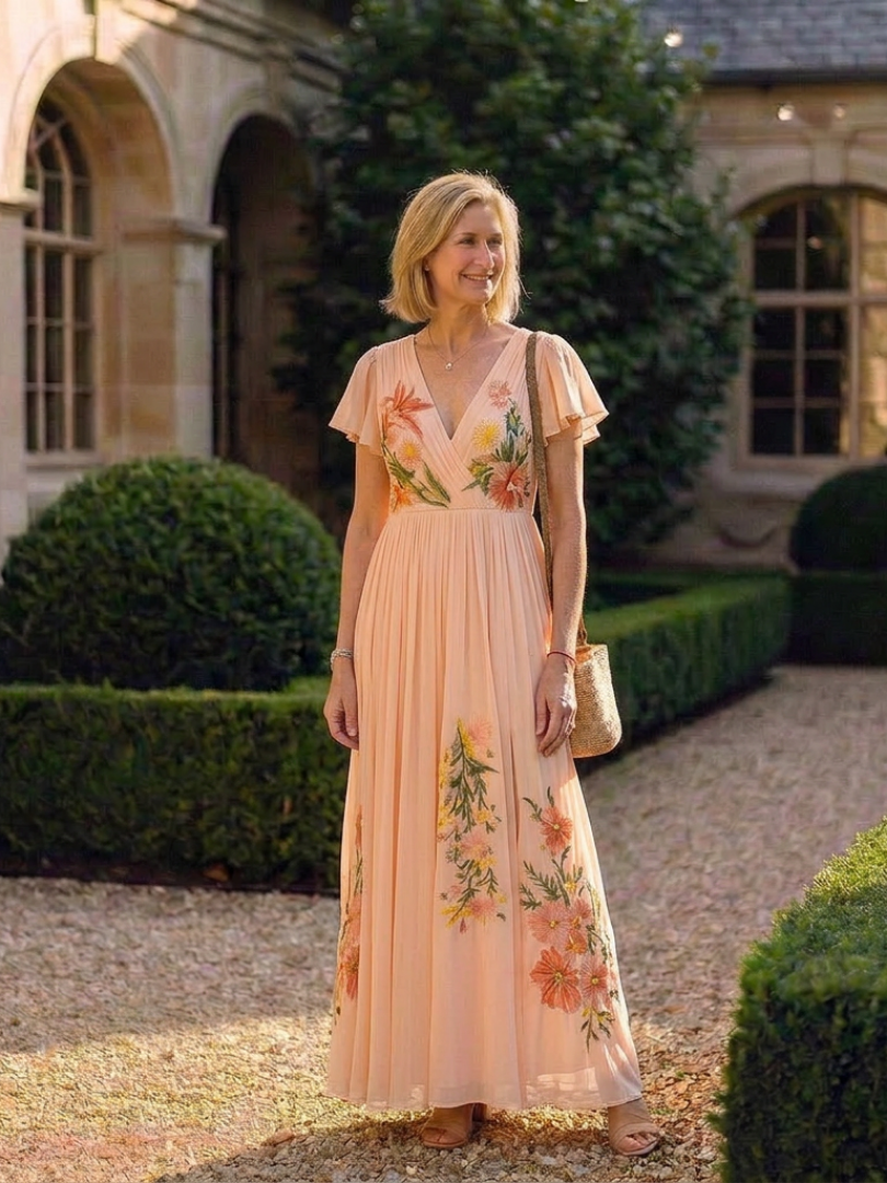 V-neck short sleeve floral maxi dress by THE WHITMORE FAMILY with pleated design, perfect for summer or casual occasions.