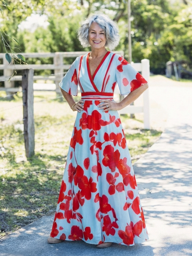 Corinne floral maxi dress by THE WHITMORE FAMILY featuring a V-neck, short sleeves, and a flowy, colorful floral pattern.