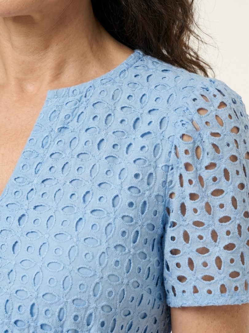 THE WHITMORE FAMILY Brielle V-neck short sleeve tiered midi dress with a flowing, layered design and midi length, shown in the image.