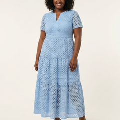 Brielle V neck short sleeve tiered midi dress by THE WHITMORE FAMILY, featuring a flowing silhouette and layered design.