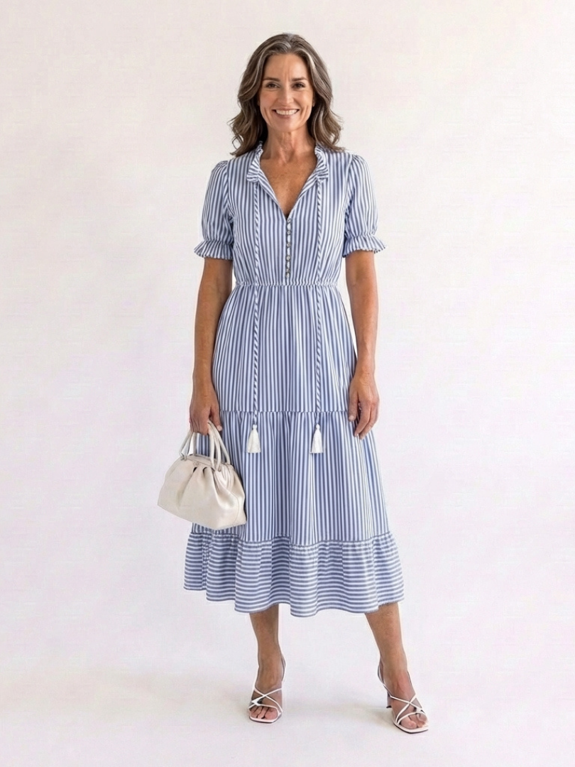 Dakota short sleeve striped tiered midi dress by THE WHITMORE FAMILY, featuring a lightweight fabric and stylish tiered design.