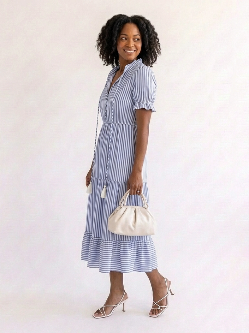 Dakota short sleeve striped tiered midi dress by THE WHITMORE FAMILY, featuring a relaxed fit and colorful vertical stripes.