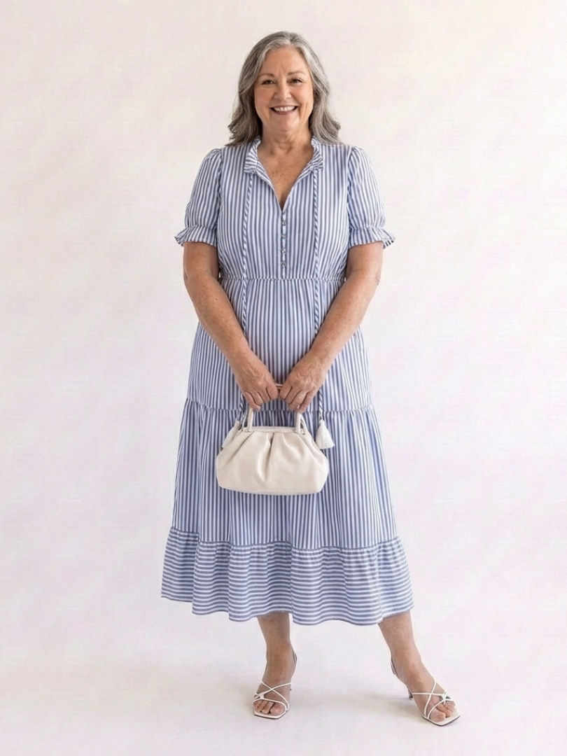 Dakota short sleeve striped tiered midi dress by THE WHITMORE FAMILY, featuring colorful horizontal stripes and a relaxed fit.