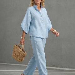Sky blue Amity button-front relaxed tunic and trouser set by THE WHITMORE FAMILY, casual and comfortable outfit for women.