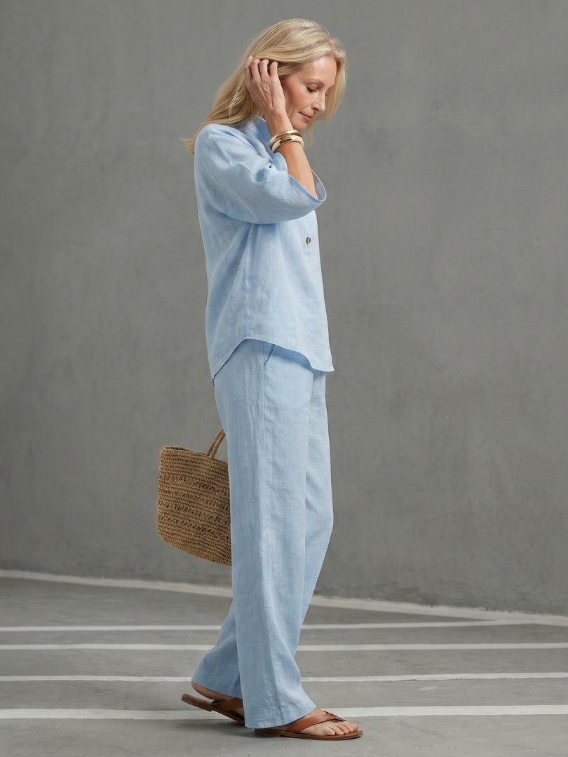 Sky blue Amity button-front relaxed tunic and trouser set by THE WHITMORE FAMILY, casual and comfortable women's outfit.
