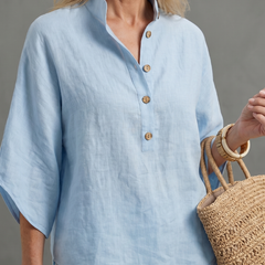 Sky blue Amity button-front relaxed tunic and trouser set by THE WHITMORE FAMILY, casual and comfortable women's clothing.