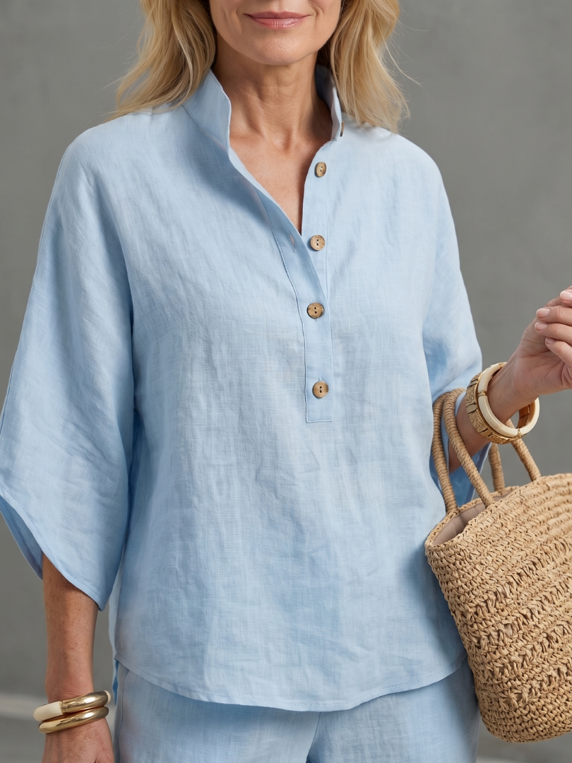 Sky blue Amity button-front relaxed tunic and trouser set by THE WHITMORE FAMILY, casual and comfortable women's clothing.