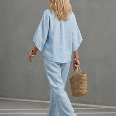 Sky blue Amity button-front relaxed tunic and trouser set by THE WHITMORE FAMILY, casual and comfortable loungewear for women.