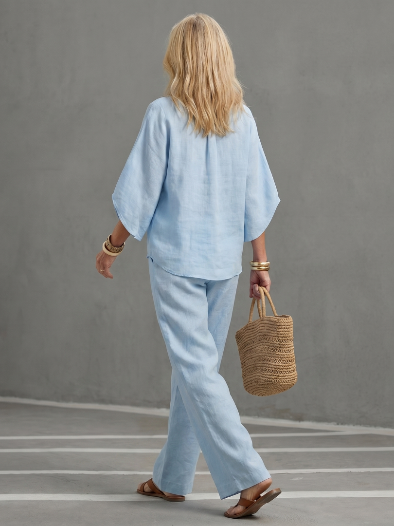 Sky blue Amity button-front relaxed tunic and trouser set by THE WHITMORE FAMILY, casual and comfortable loungewear for women.