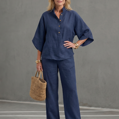 Sky blue Amity relaxed tunic and trouser set by THE WHITMORE FAMILY, featuring a button-front design and comfortable fit.