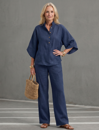 Sky blue Amity relaxed tunic and trouser set by THE WHITMORE FAMILY, featuring a button-front design and comfortable fit.