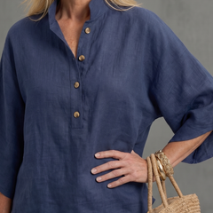 Sky blue Amity relaxed tunic and trouser set by THE WHITMORE FAMILY, featuring button-front design and comfortable fit.