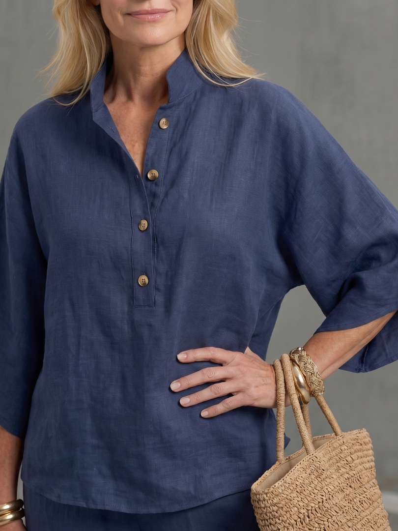 Sky blue Amity relaxed tunic and trouser set by THE WHITMORE FAMILY, featuring button-front design and comfortable fit.