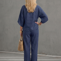 Sky blue Amity button-front relaxed tunic and trouser set by THE WHITMORE FAMILY, casual and comfortable women’s clothing.