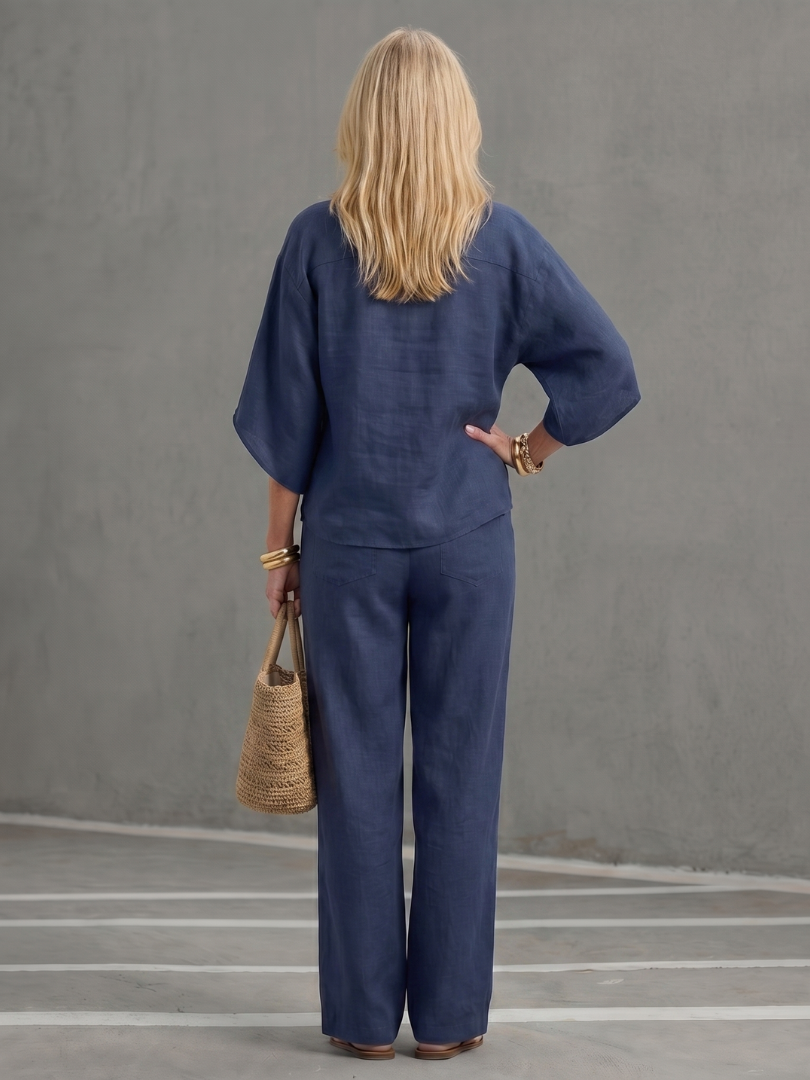 Sky blue Amity button-front relaxed tunic and trouser set by THE WHITMORE FAMILY, casual and comfortable women’s clothing.