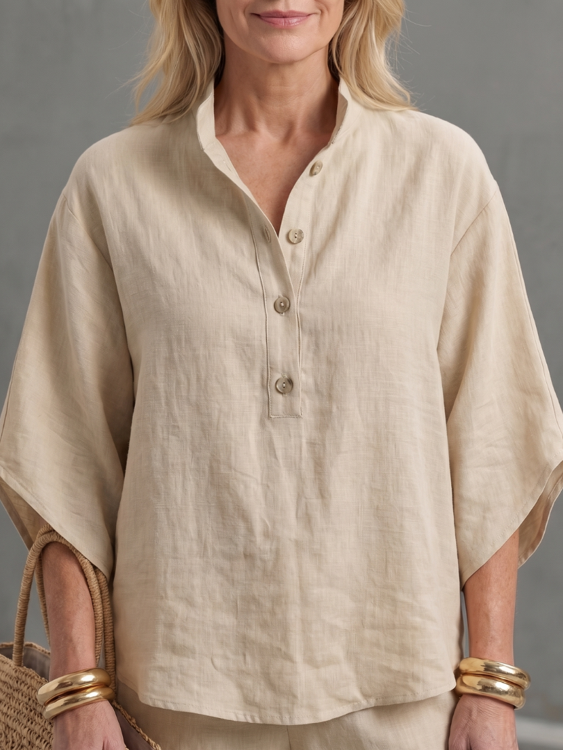 Sky blue Amity Button Front Relaxed Tunic and Trouser Set by THE WHITMORE FAMILY, casual and comfortable outfit for women.