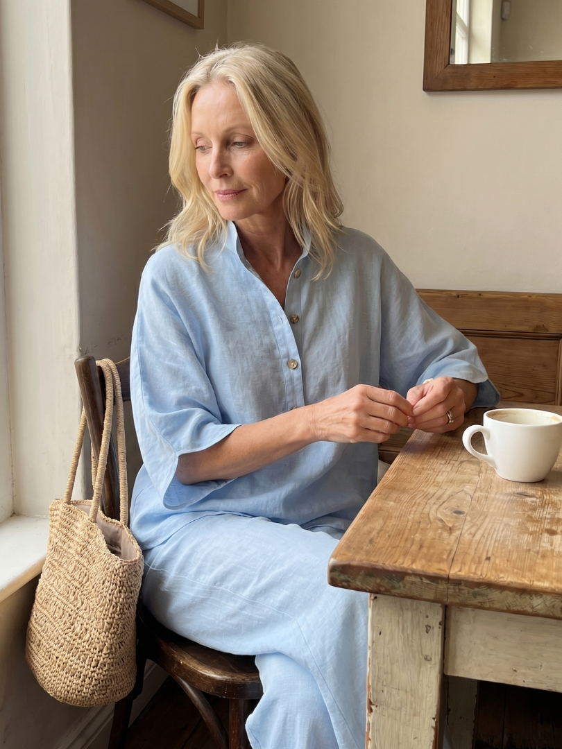 Sky-blue Amity button-front relaxed tunic and trouser set by THE WHITMORE FAMILY, featuring a comfortable, casual style.