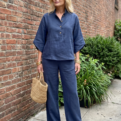 Sky-blue Amity relaxed tunic and trouser set by THE WHITMORE FAMILY, featuring button-front design and comfortable fit.